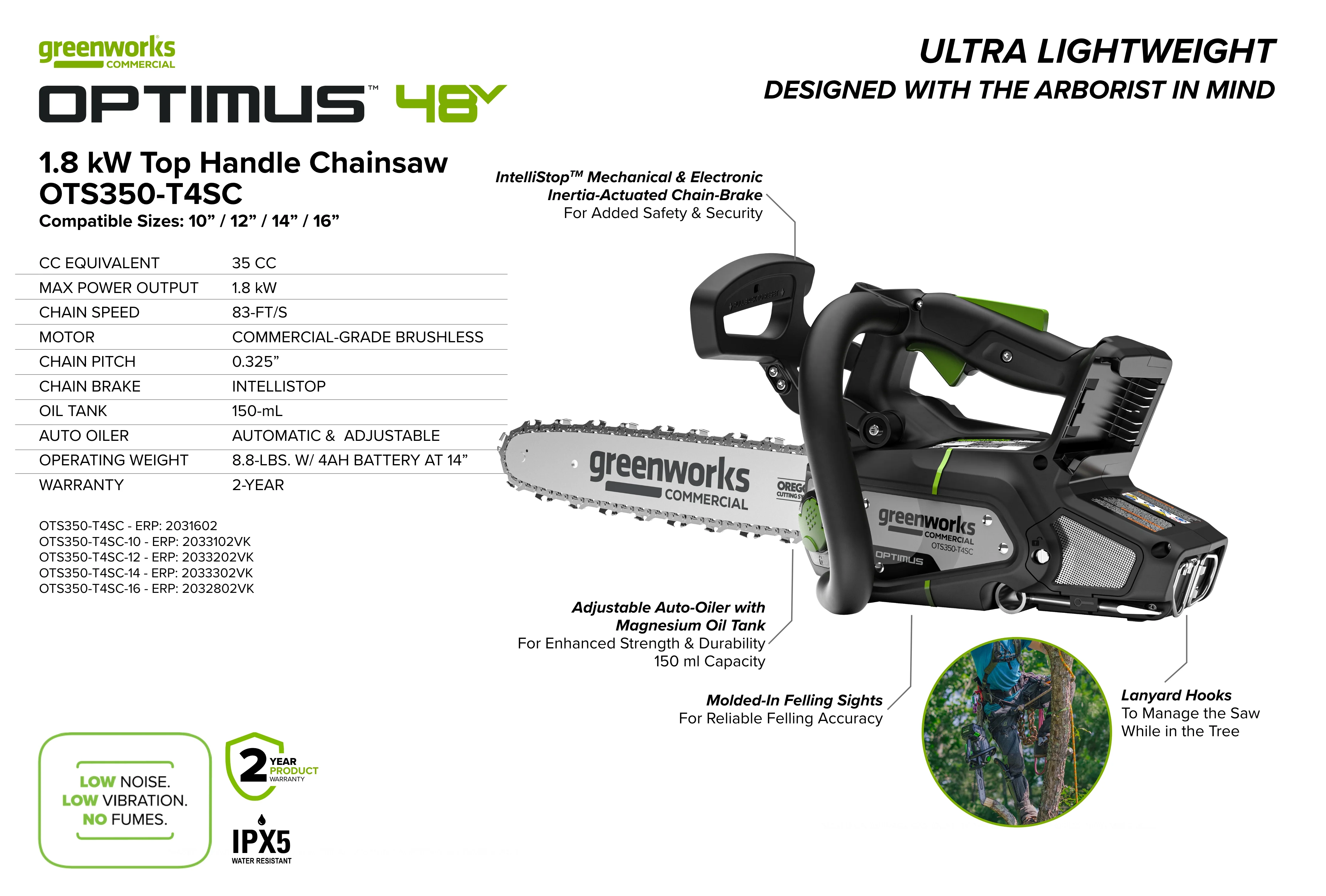 48V Top-Handle Chainsaw Powerhead, 48V 4 Ah Battery, 5A Charger | OTS350-T4SC - Image 9