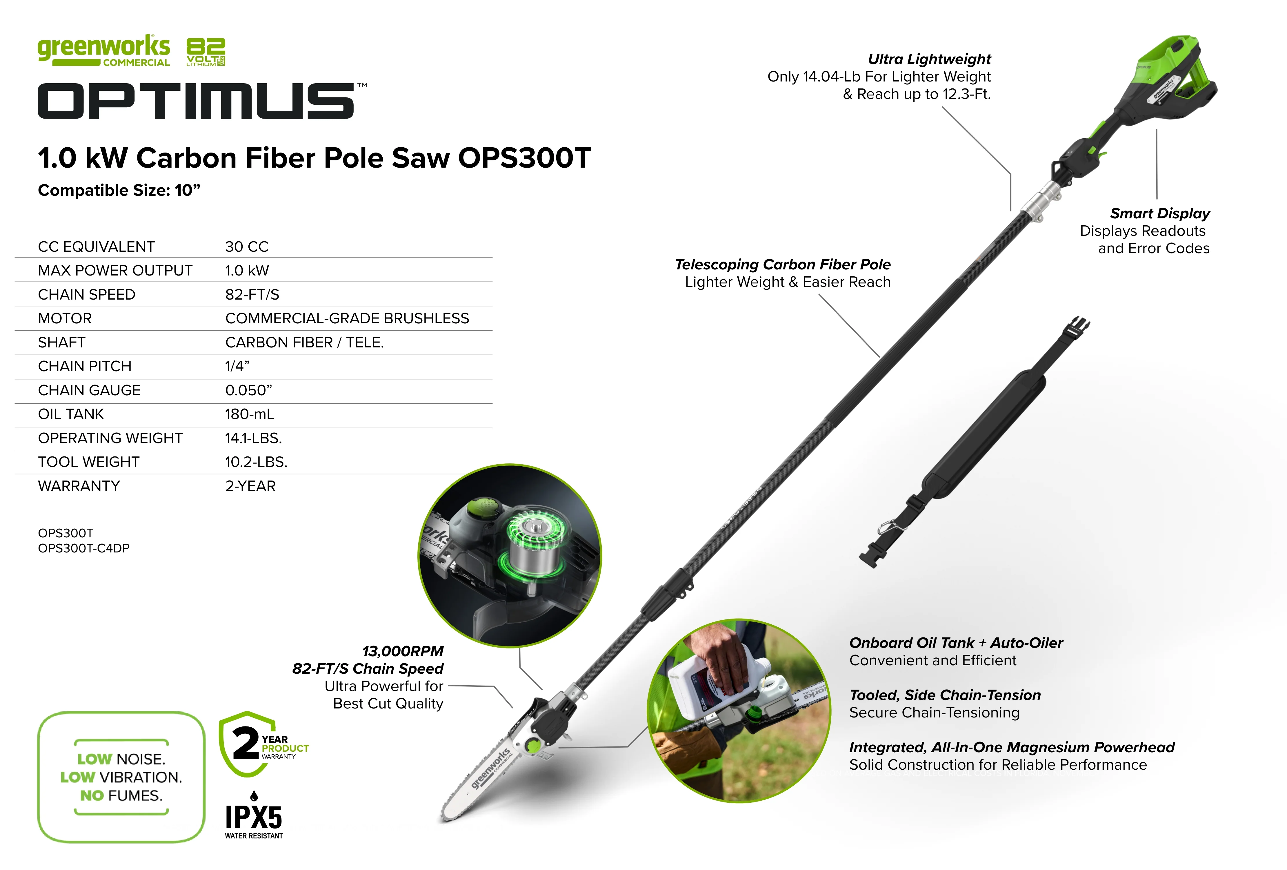 82V OPTIMUS 10" Polesaw with Carbon Fiber Shaft with CORE300 Battery and Charger | OPS300T-C3DP - Image 10