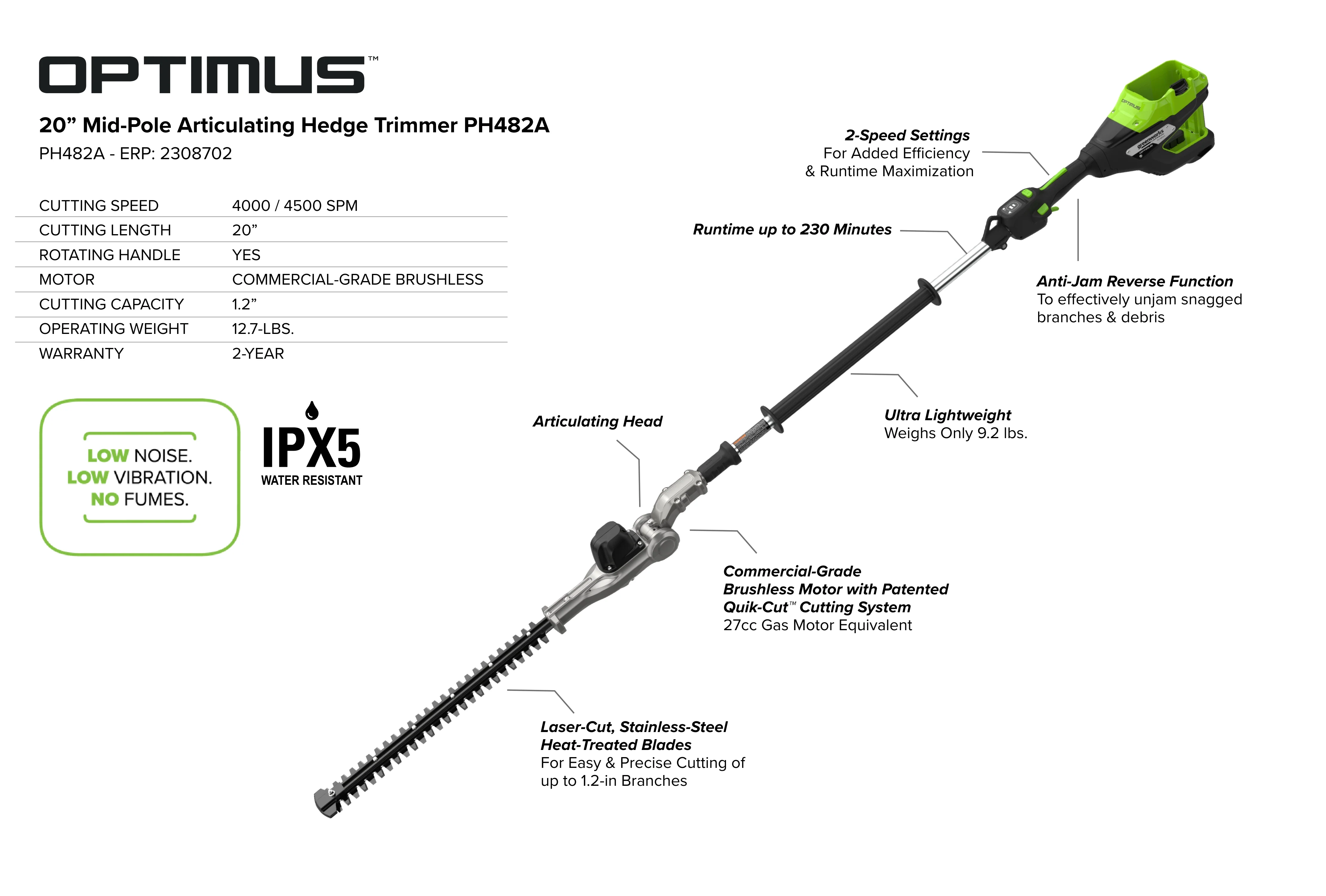 82V OPTIMUS 20" Mid-Pole Articulating Hedge Trimmer with (1) Core300 and Dual Port Charger | PH482A-C3DP - Image 14